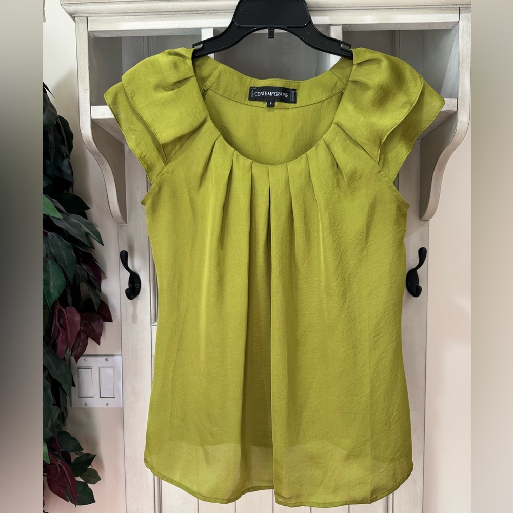 Contemporaine green sleeveless ruffle dress tank Sz S